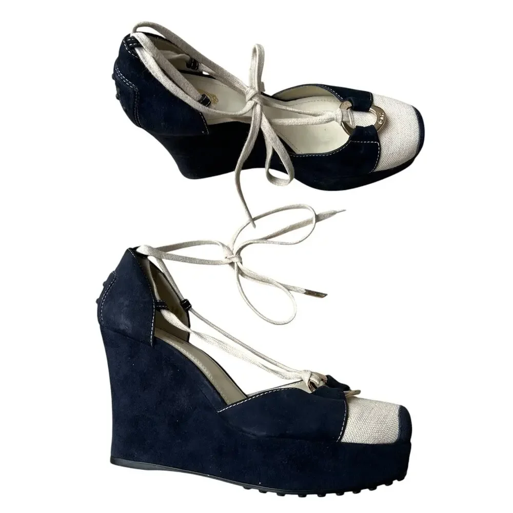 Tod's Made in Italy Nautical Wedge Heels Sz 38.5 As-Is